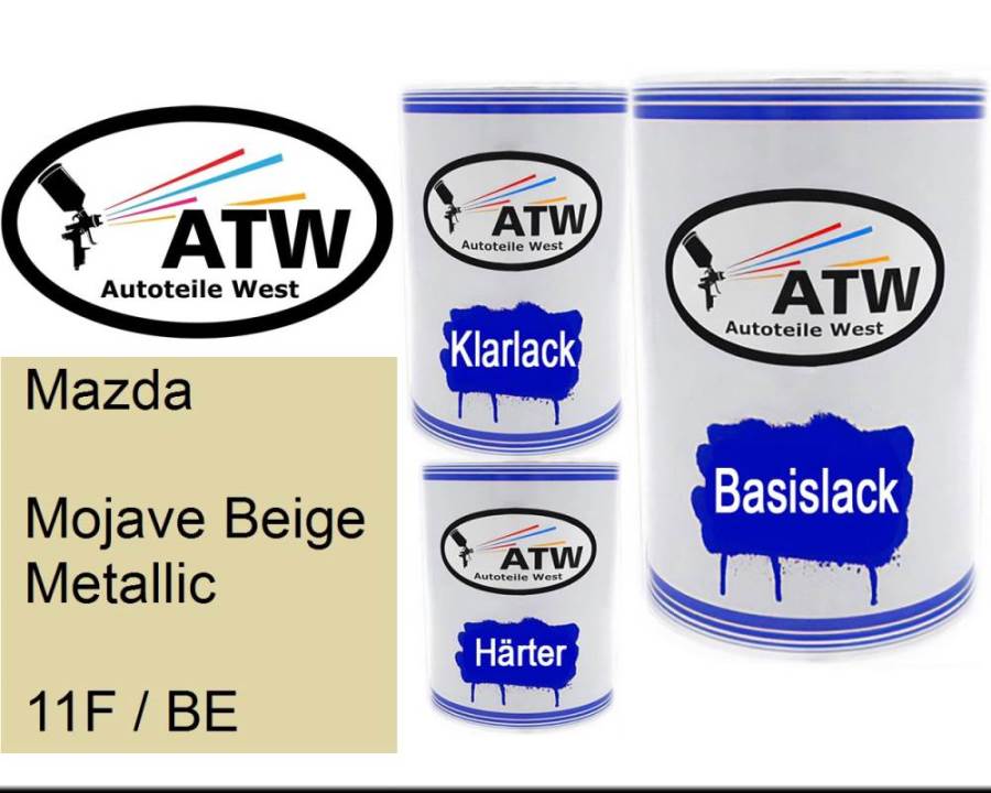 Mazda, Mojave Beige Metallic, 11F / BE: 500ml Lackdose + 500ml Klarlack + 250ml Härter - Set, von ATW Autoteile West.